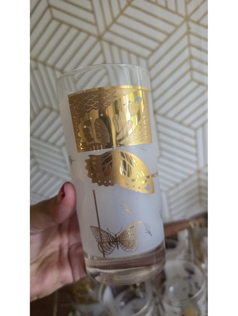 Vintage Midcentury Cutler Golden Meadow Butterfly Set of 8 Glasses With Caddy